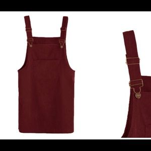 Burgundy Corduroy Pinafore Dress With Pocket